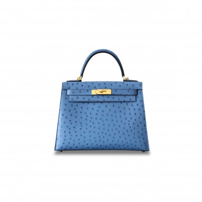 HERMÈS MASTER KELLY 28 OSTRICH PRUSSIAN BLUE GOLD BUCKLE (28*22*10cm) 